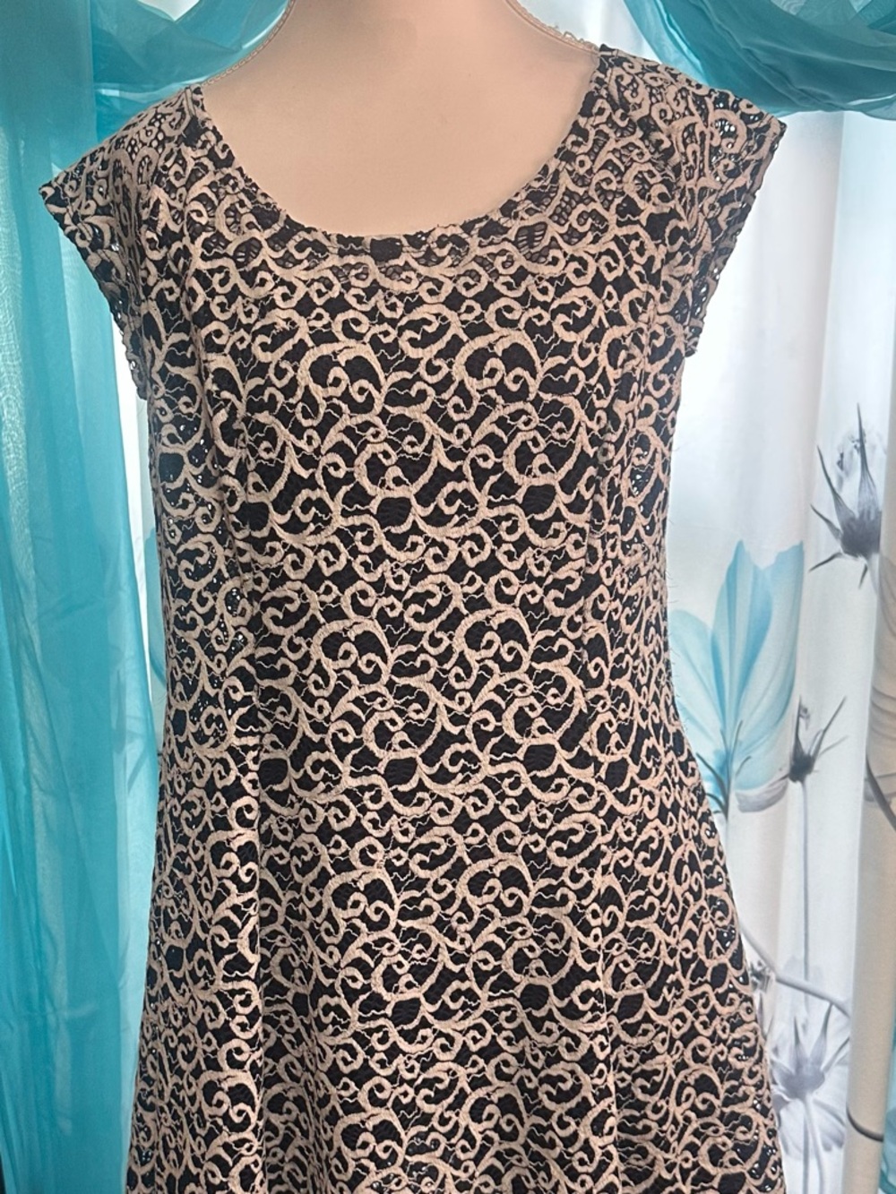 BeBop Dress Blue  with Cream Lace Pattern